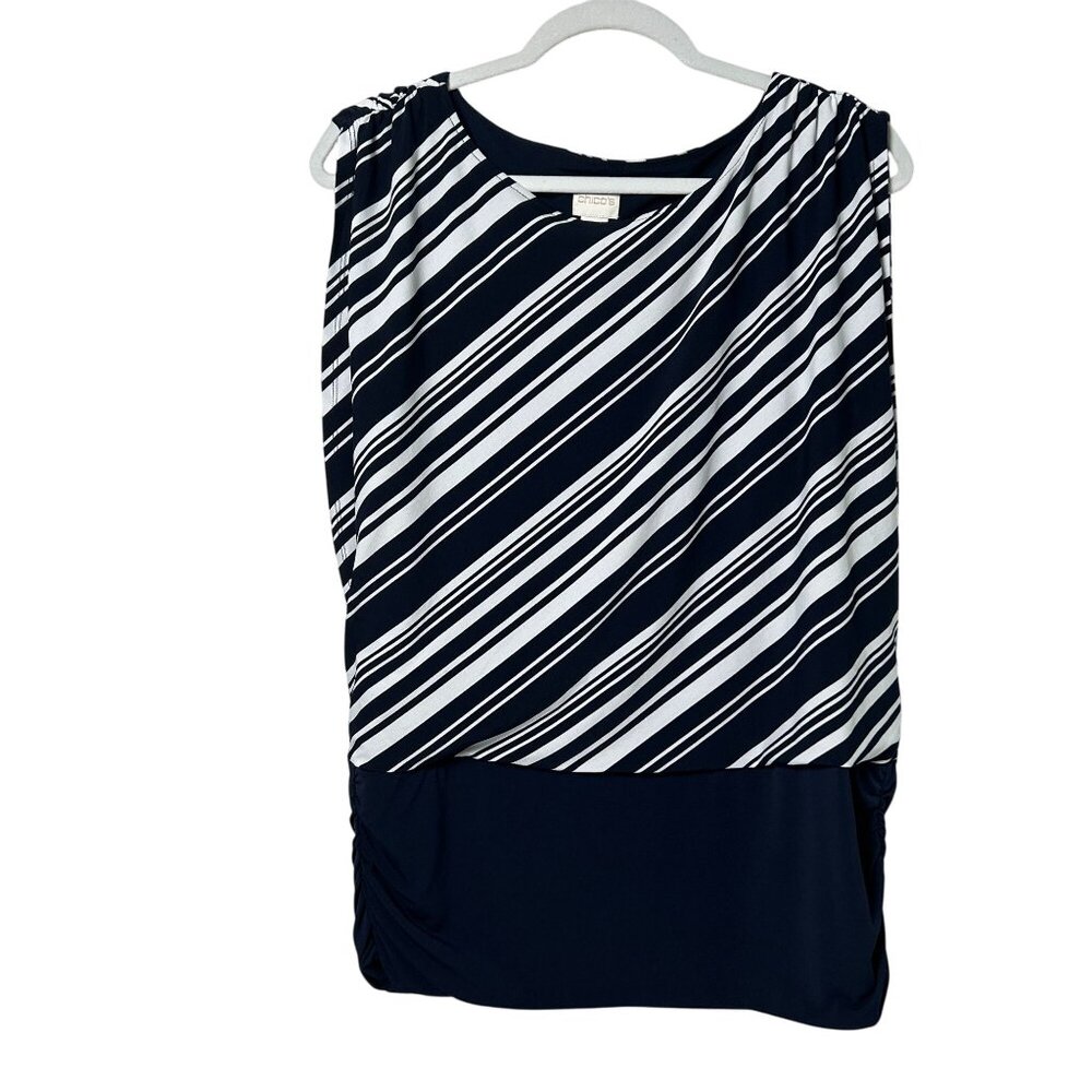 Chicos Blouson Sleeveless Top Womens 2 L Navy Blue White Striped Ruched Nautical